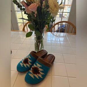Tory Burch Teal and Brown Patterned Mules